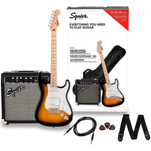 Squier Sonic Stratocaster Electric Guitar Pack with Fender Frontman 10G Amp 2-Color Sunburst